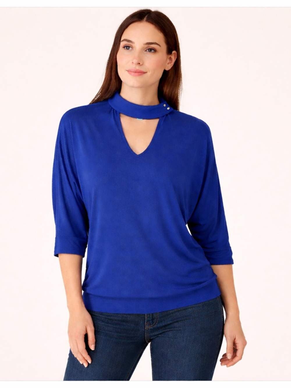 Venus 1X Blue Ribbed Dolman Top V-Neck Mock Neck Stretch
